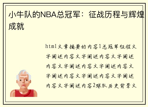 小牛队的NBA总冠军：征战历程与辉煌成就